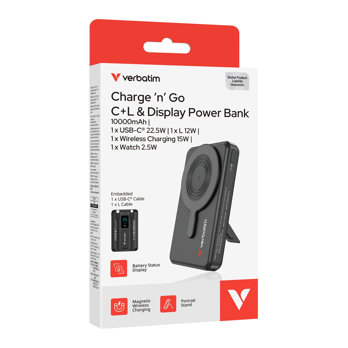 Verbatim Charge 'n' Go TFT 彩色顯示屏五合一磁吸無線行動電源 3C認證 10000mAh LED螢幕 流動充電池