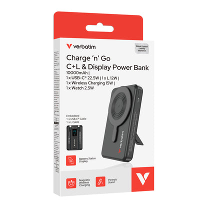 Verbatim Charge 'n' Go TFT 彩色顯示屏五合一磁吸無線行動電源 3C認證 10000mAh LED螢幕 流動充電池