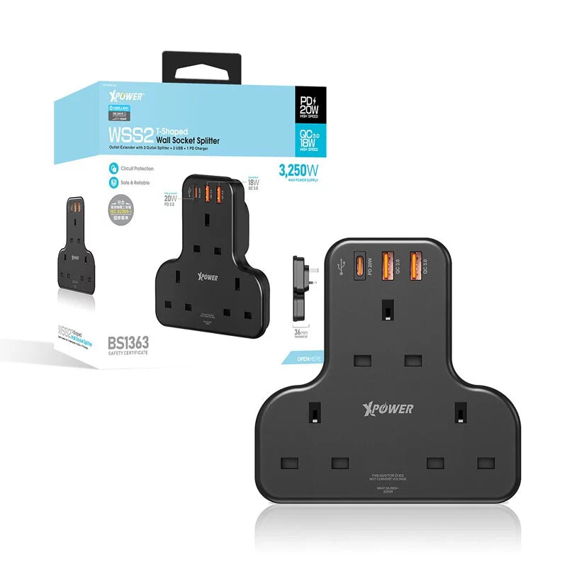 XPower WSS2 多功能T型萬能插蘇 PD20W快充防雷牆插 | OhReally