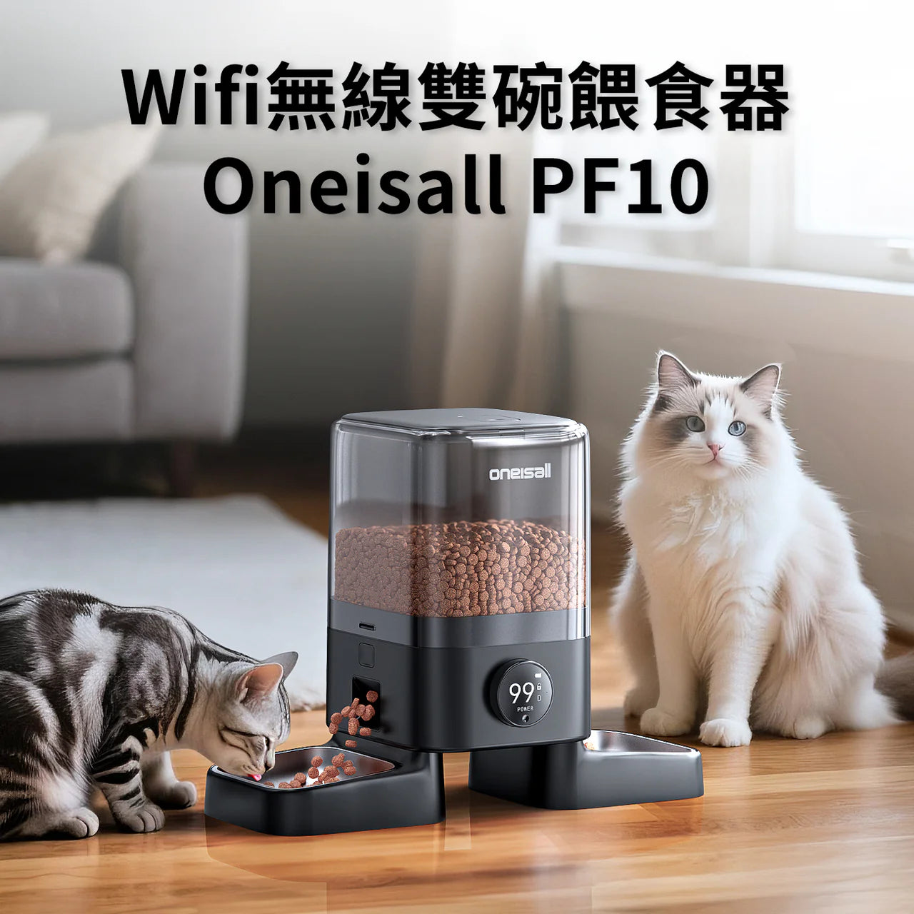 Oneisall PF10 智能寵物自動餵食機 (雙盆版) | 香港現貨 | 定時定量雙向自動分糧機 | 多貓狗家庭必備